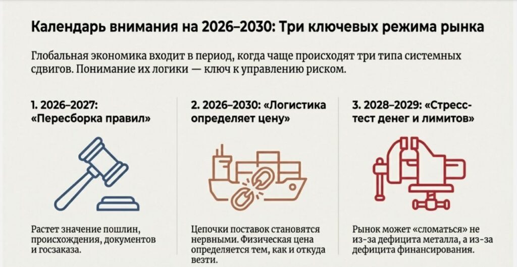 Подготовили календарь внимания рынков металлов и лома 2026-2030 гг с акцентом на 3 режима, которые могут оказывать влияние на условия работы