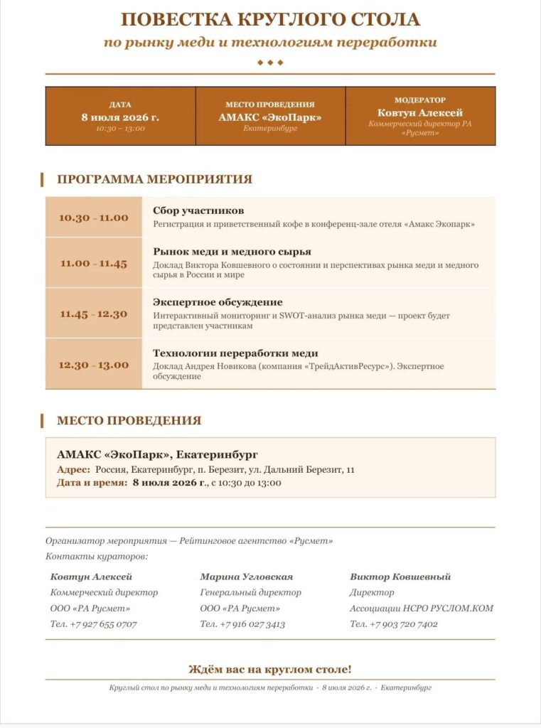 Повестка круглого стола по рынку меди и технологиям переработки